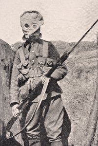 Canadian Soldier wearing a gas mask in 1915, from 